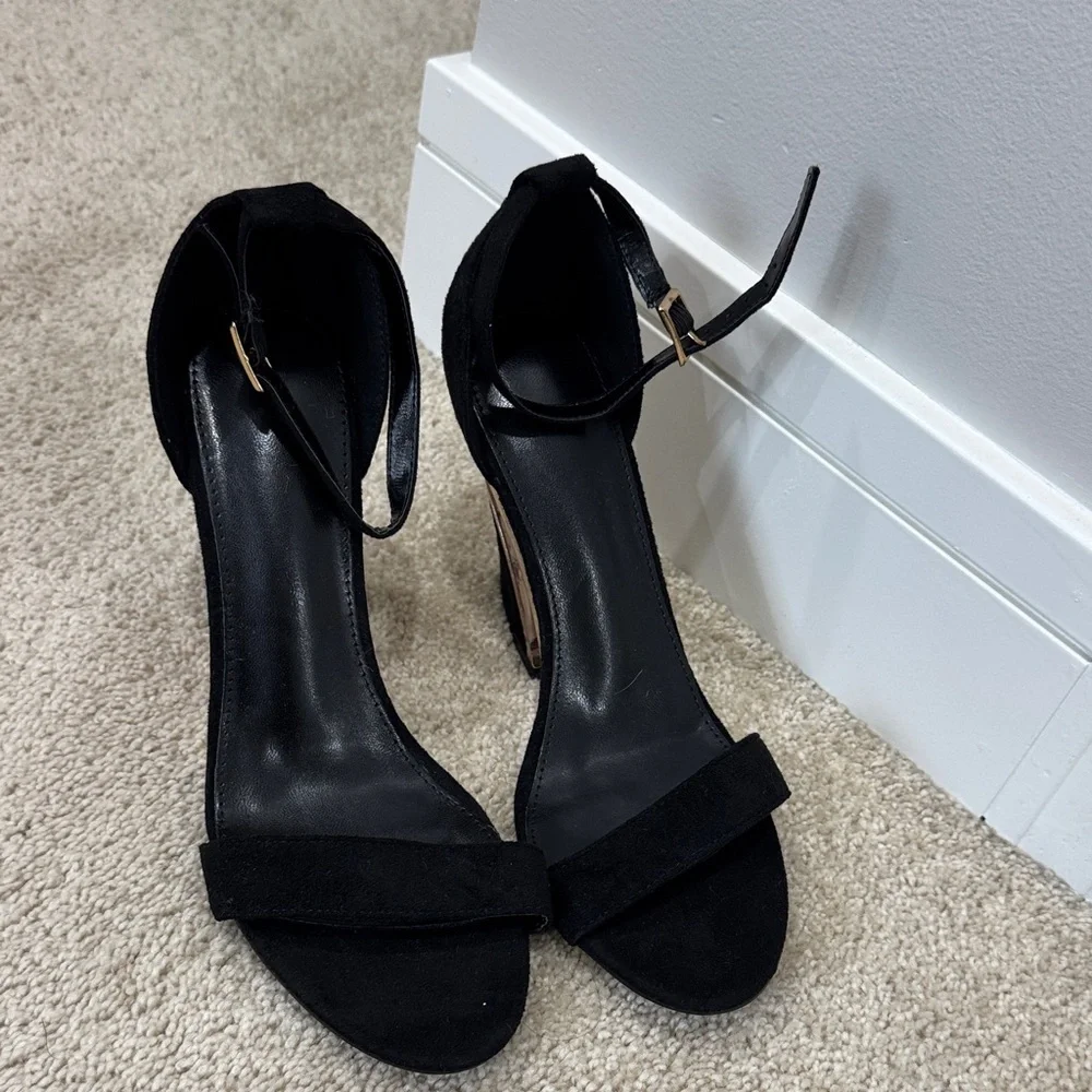 Black Suede Ankle-Strap Block Heel Sandals